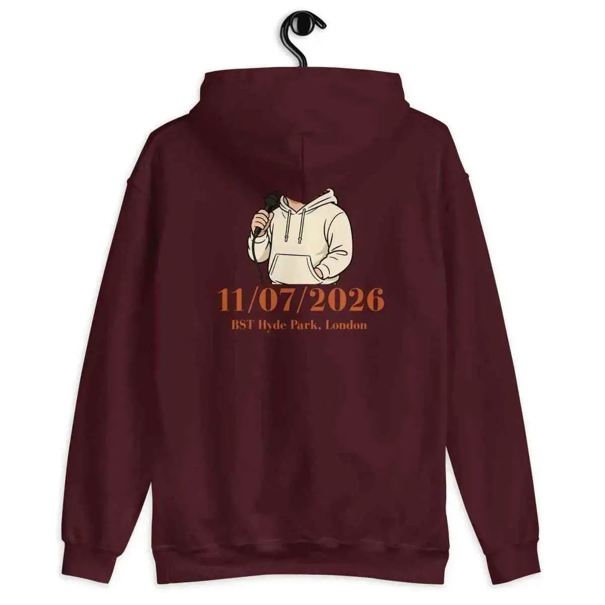 Maroon unisex hoodie with hood and back tour date graphic (11/07/2026).