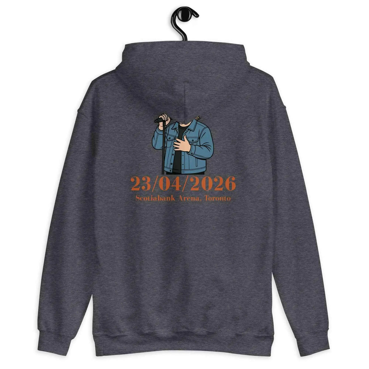 Dark heather tour hoodie with hood, back graphic print, and kangaroo pocket.