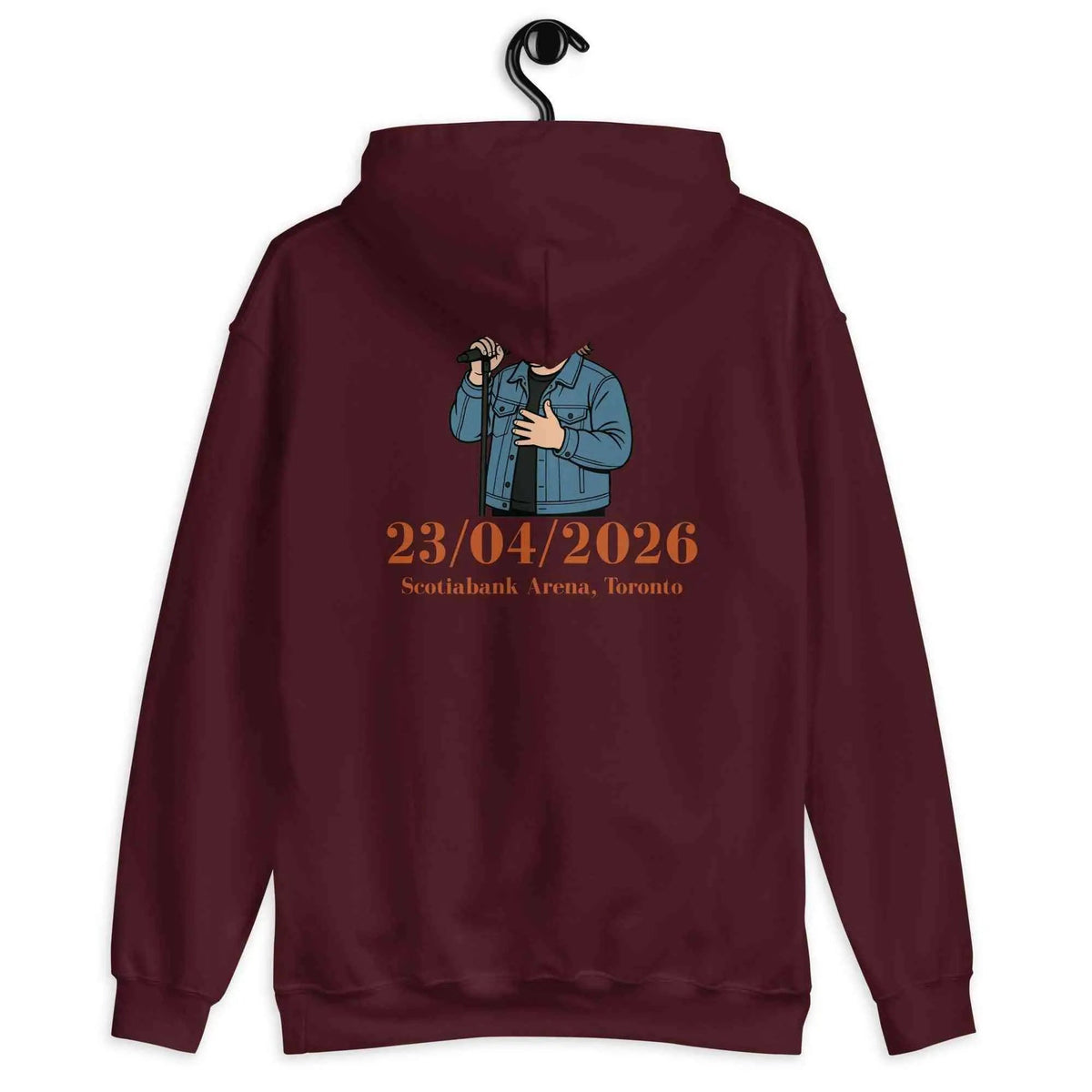 Maroon tour hoodie, back view, with concert graphic and 23/04/2026 for Scotiabank Arena