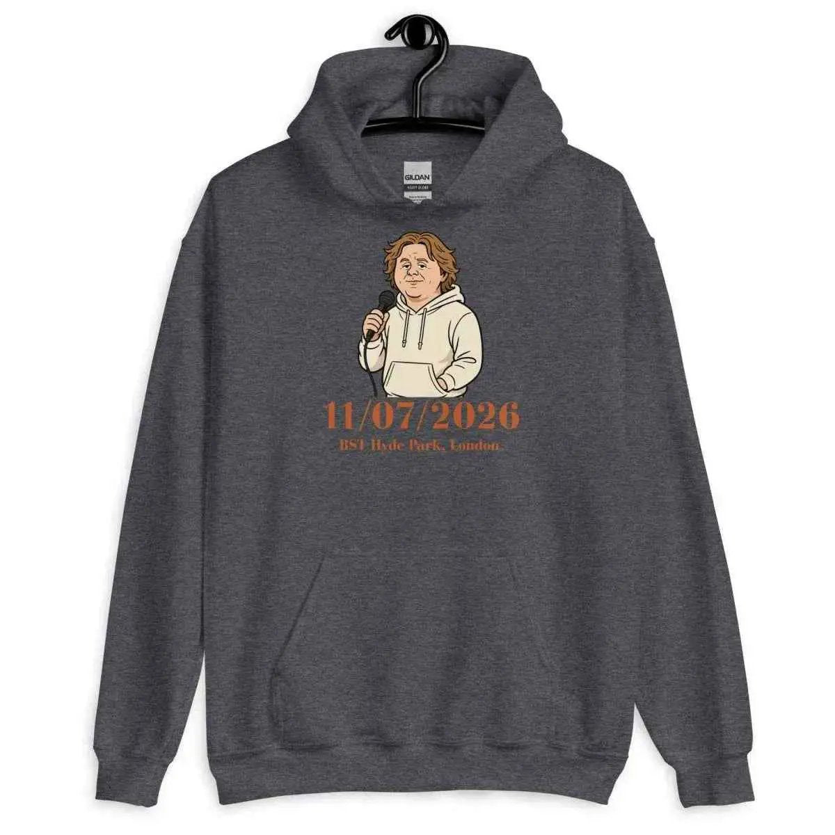 Unisex dark gray heather hoodie with front graphic and kangaroo pocket