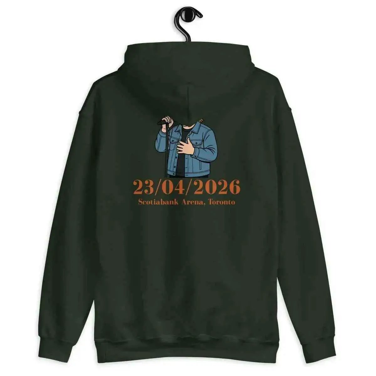 Forest green tour hoodie, back view, with concert graphic and 23/04/2026 for Scotiabank Arena