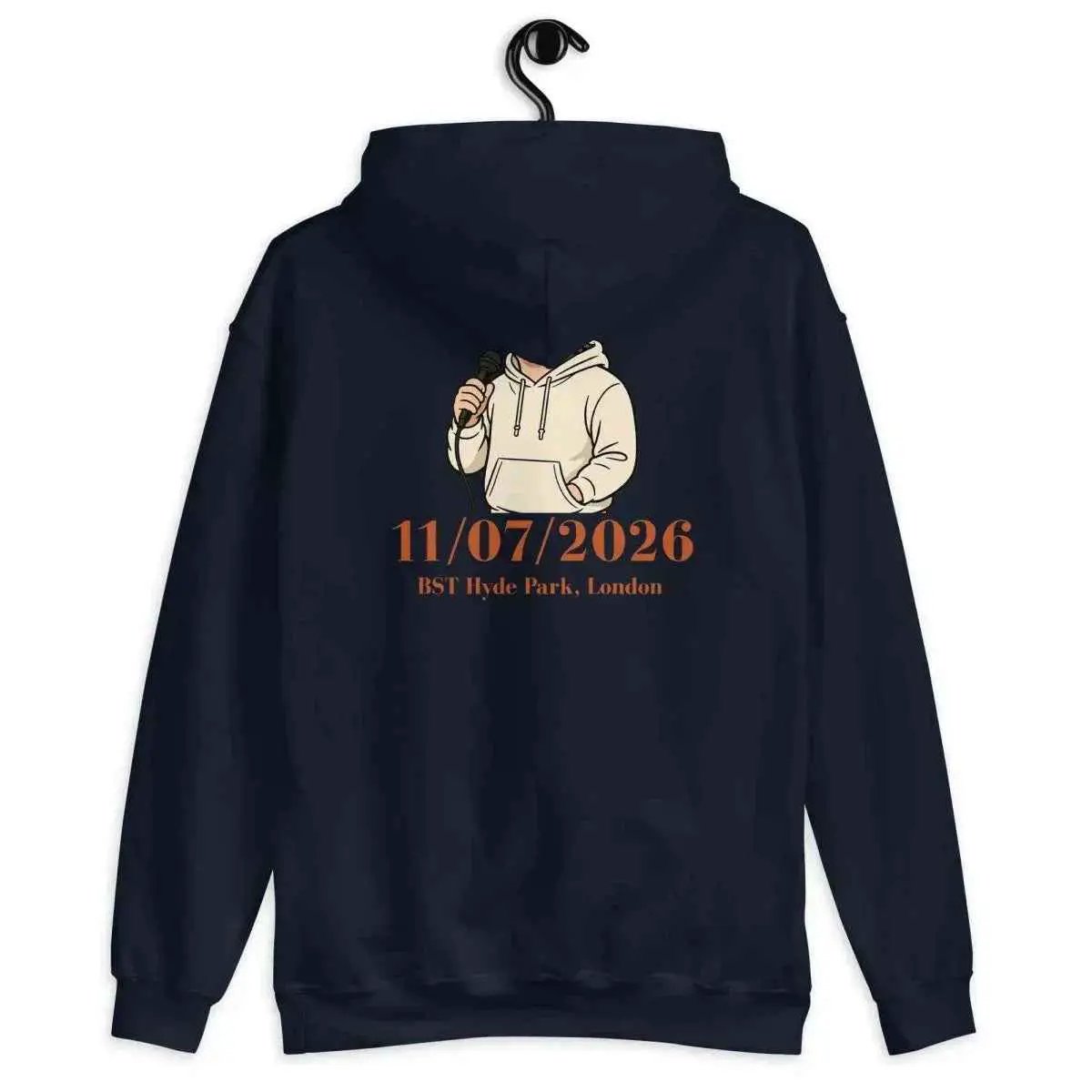 Navy unisex hoodie with hood and back tour date graphic (11/07/2026).