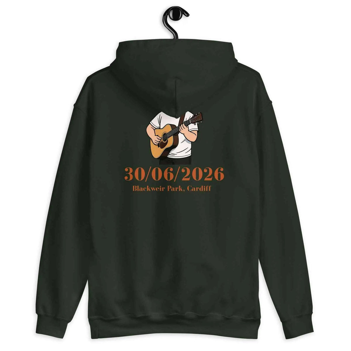 Forest green unisex tour hoodie with hood, back guitar and date graphic, kangaroo pocket