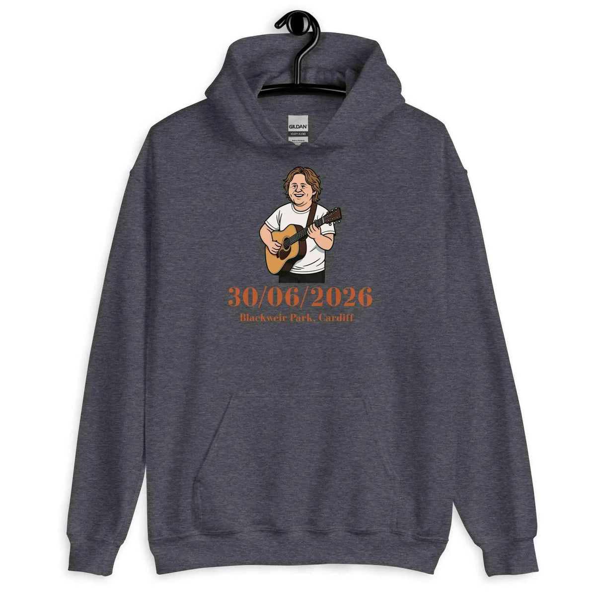 Unisex dark heather hoodie with front graphic and kangaroo pocket