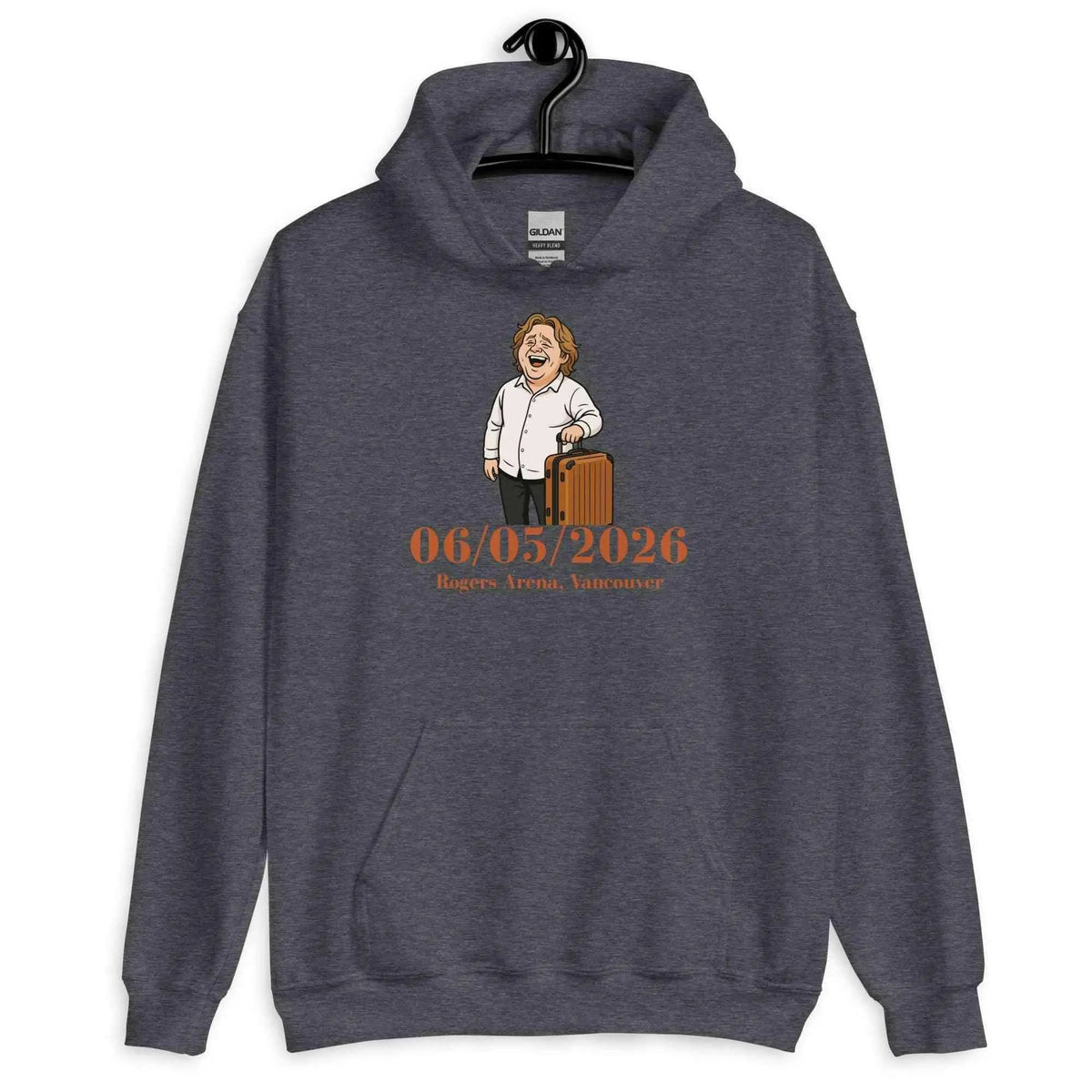 Unisex dark heather hoodie with front cartoon graphic and date print, front view