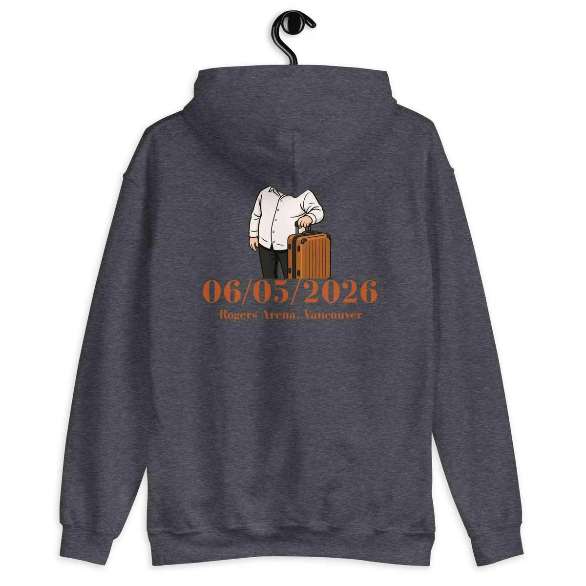 Unisex dark heather hoodie with back cartoon graphic and date print, back view