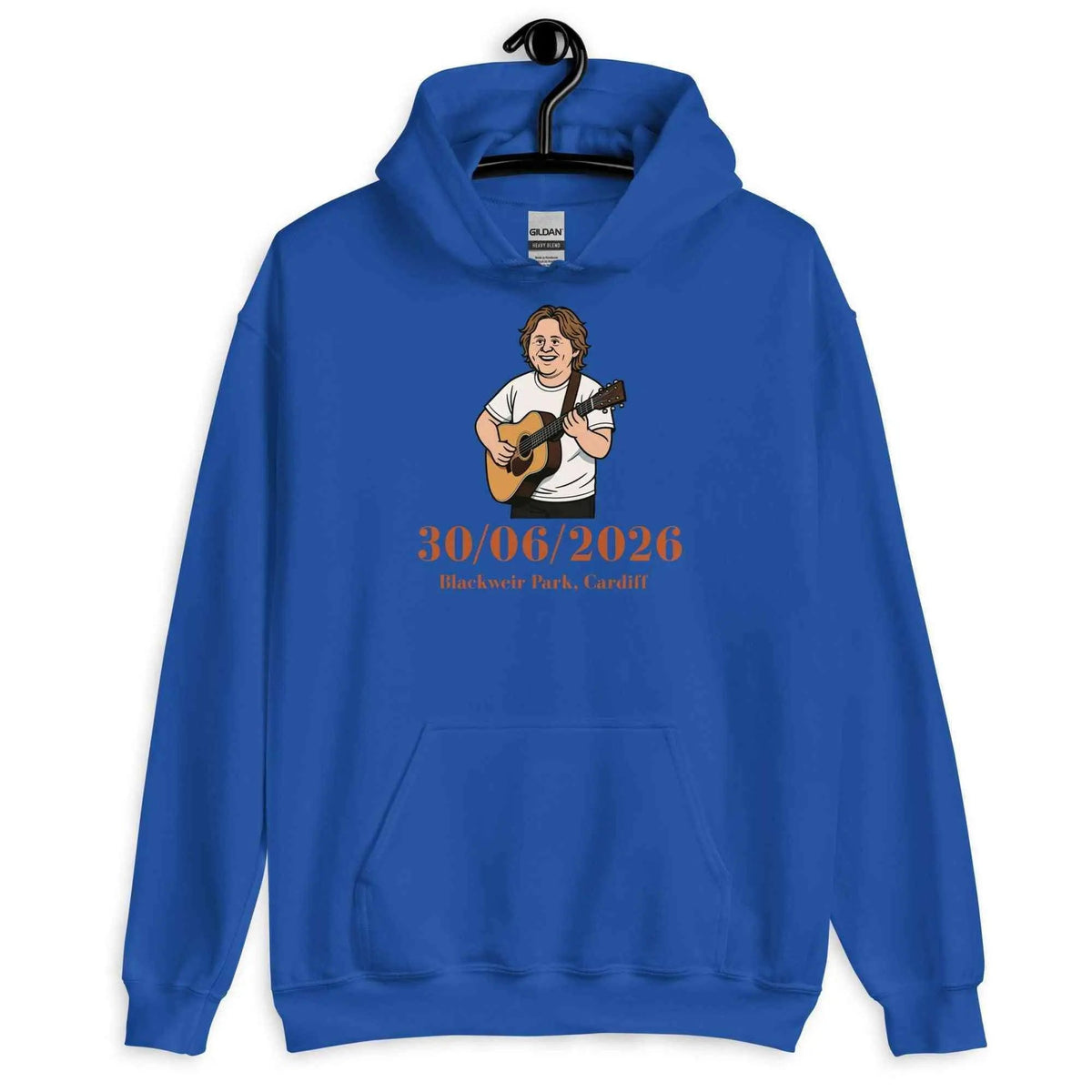 Unisex royal blue hoodie with front graphic and kangaroo pocket