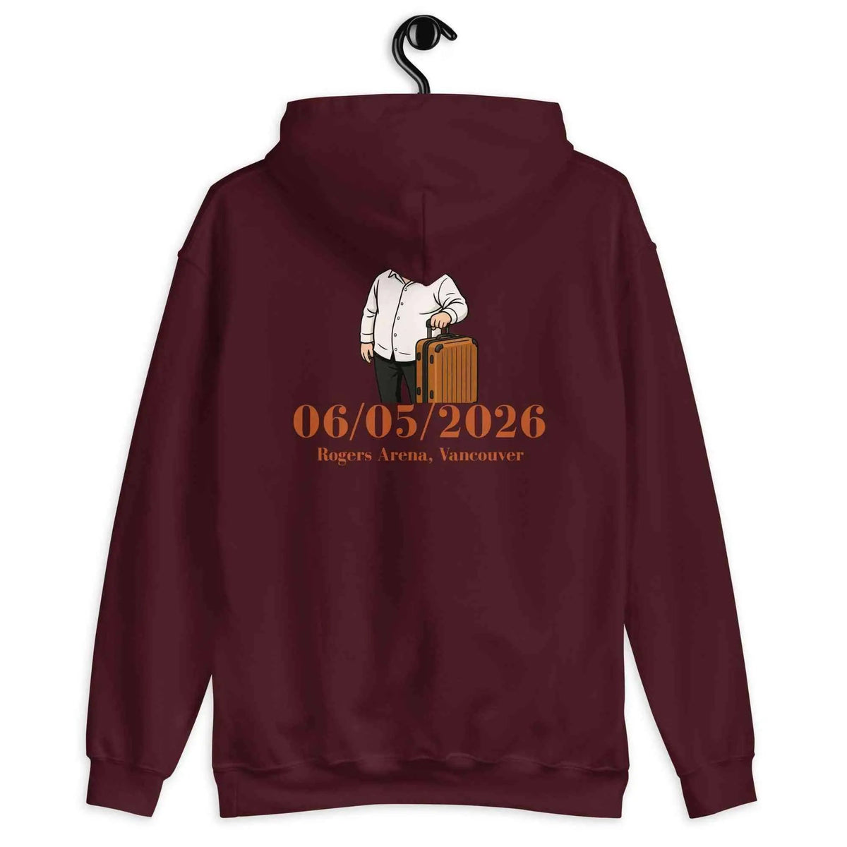 Maroon unisex pullover hoodie with back character graphic and 06/05/2026 print
