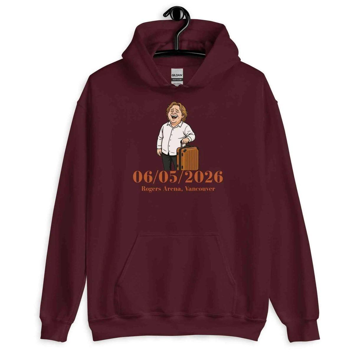 Maroon unisex pullover hoodie with front character graphic and 06/05/2026 print