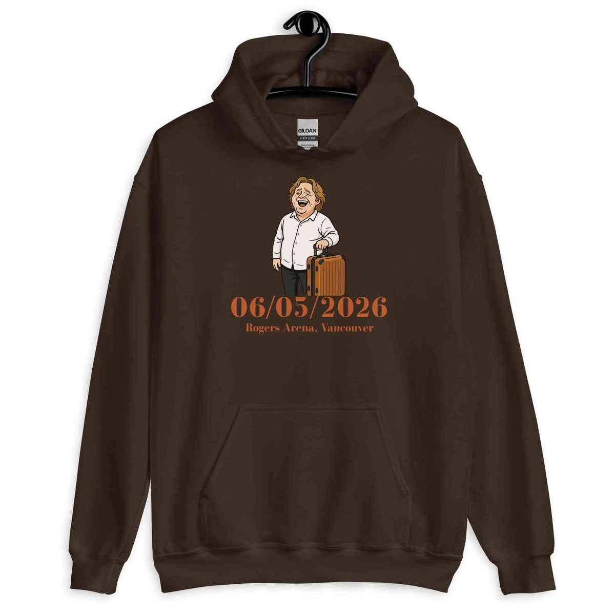 Dark brown unisex pullover hoodie with front character graphic and 06/05/2026 print