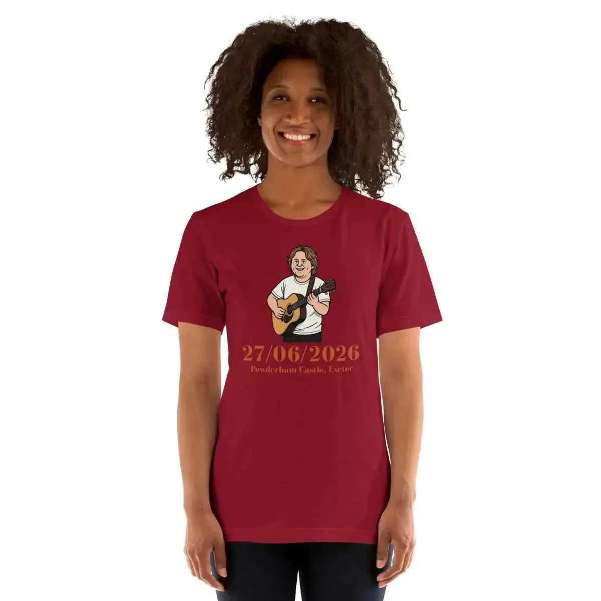 Unisex burgundy cotton T-shirt with front musician guitar graphic and 27/06/2026 date