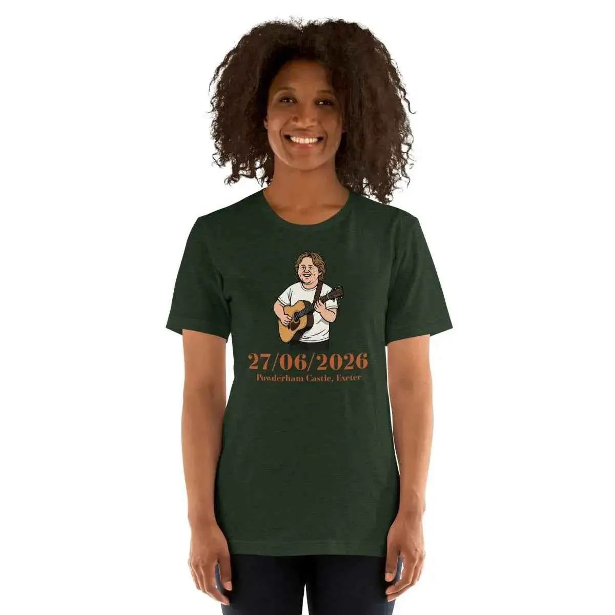 Unisex dark green cotton T-shirt with centered front musician graphic and date print