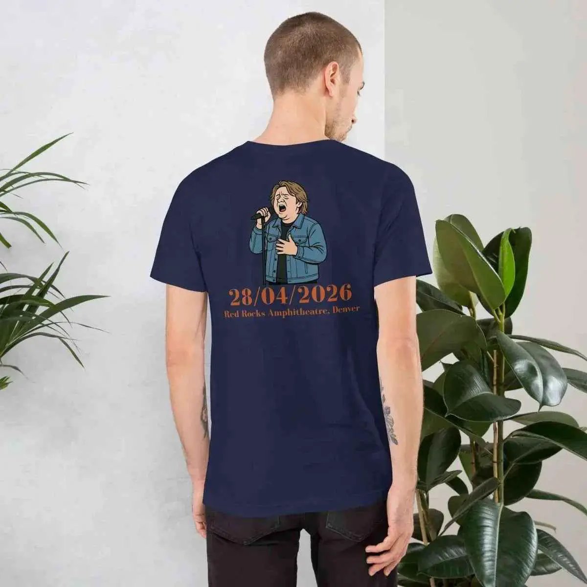 Unisex crew-neck short-sleeve t-shirt, navy, back view with date graphic print