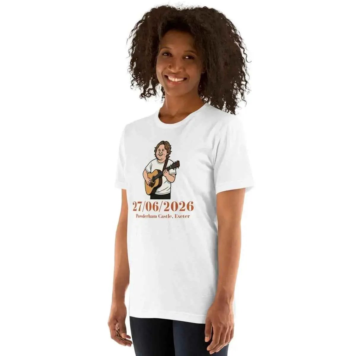 White unisex cotton T-shirt with front face guitar graphic and date, short sleeves