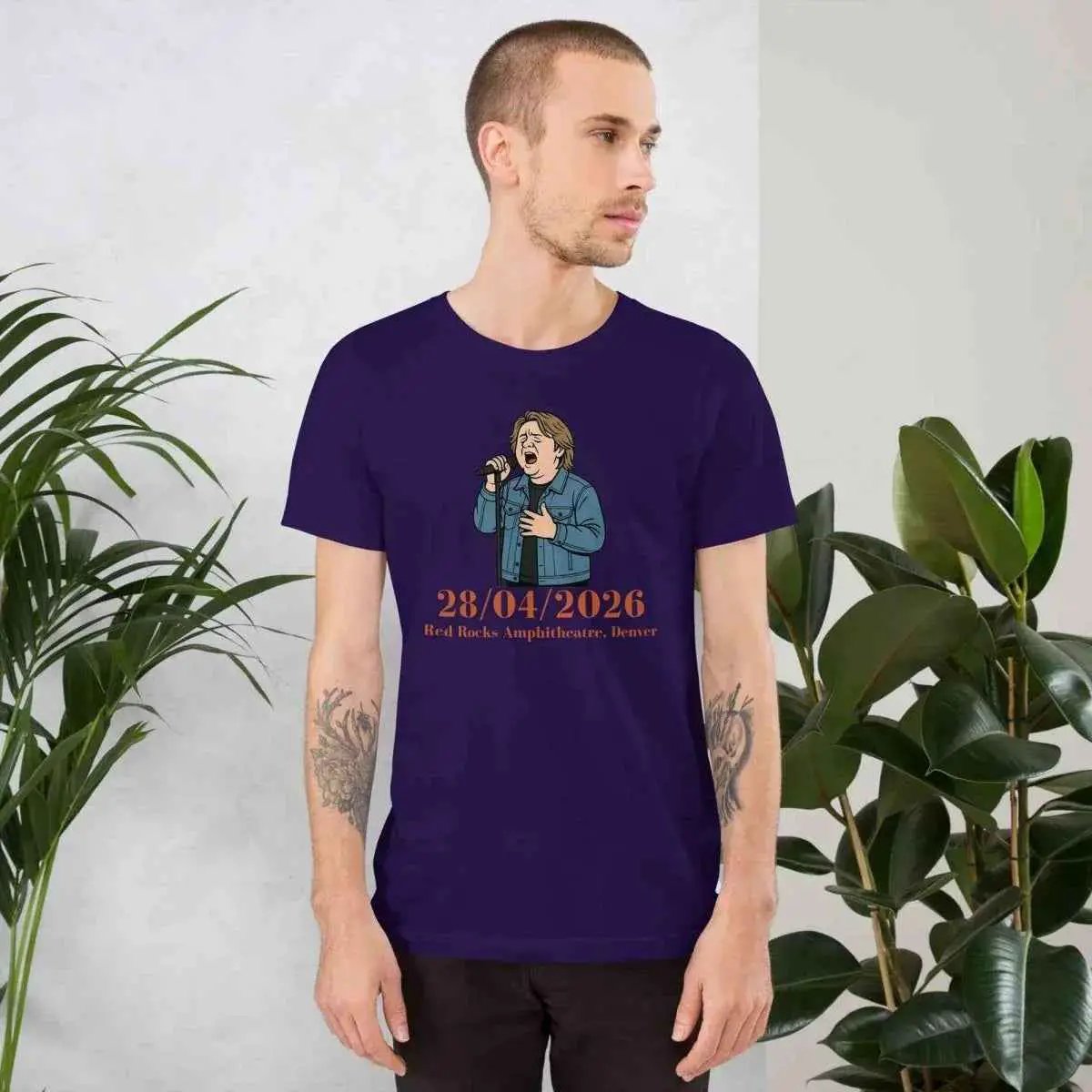 Unisex crew-neck short-sleeve t-shirt, navy, front graphic print with date and performer