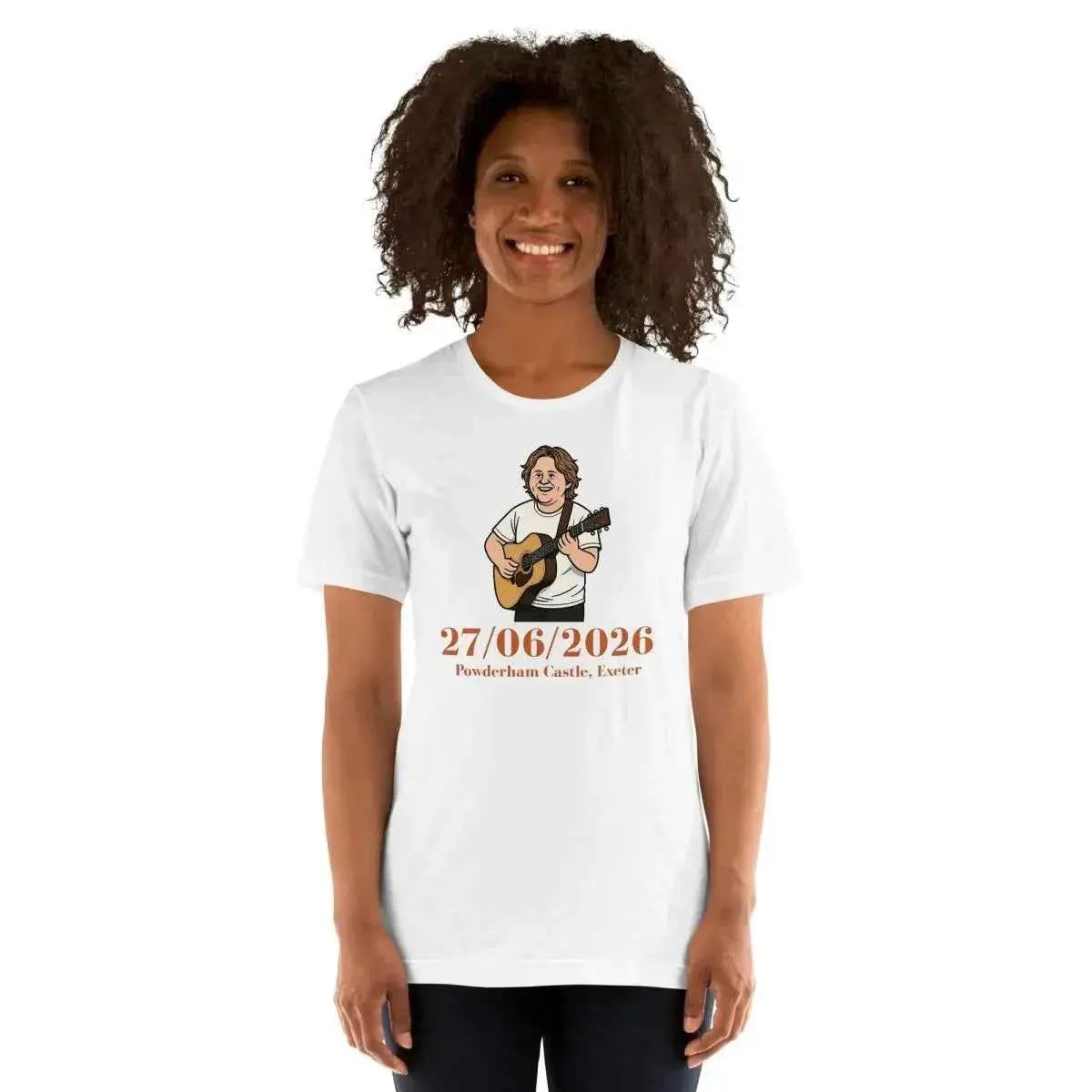 White unisex cotton T-shirt front view with guitar performer graphic and date