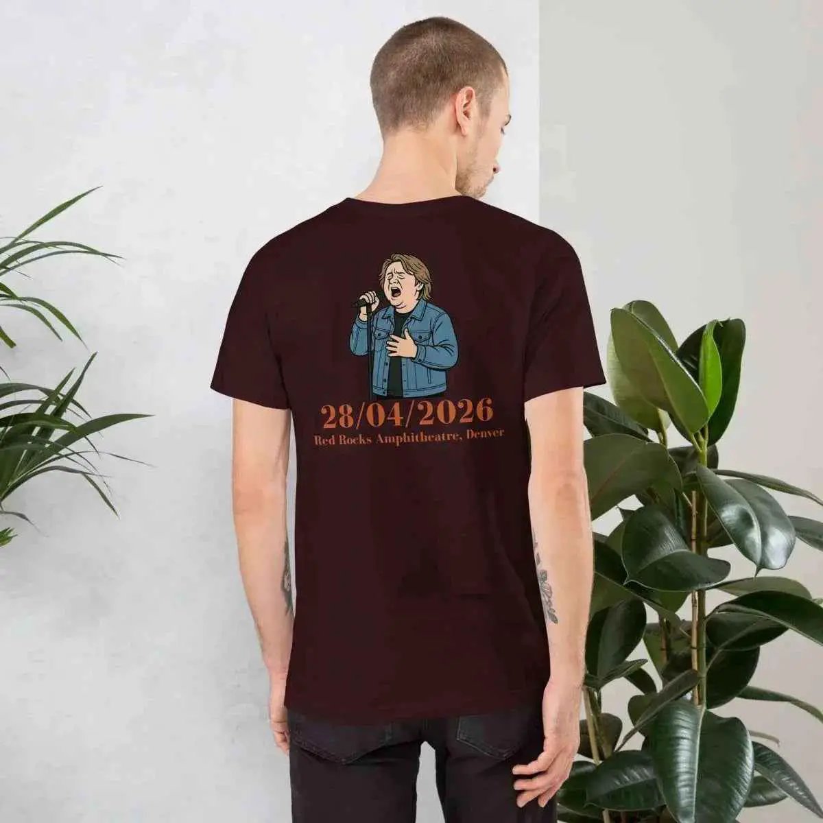 Unisex crew-neck short-sleeve t-shirt, dark red, back graphic print with date text