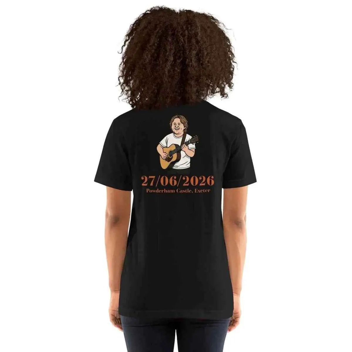 Unisex black cotton T-shirt with back musician illustration and 27/06/2026 date