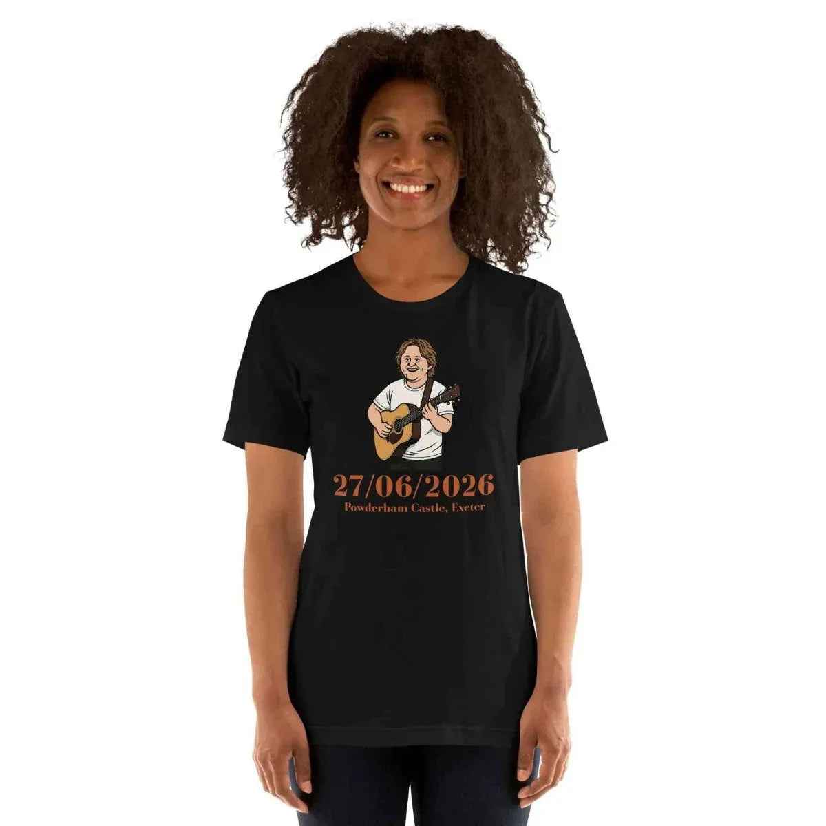 Unisex black cotton T-shirt with front musician graphic and 27/06/2026 date