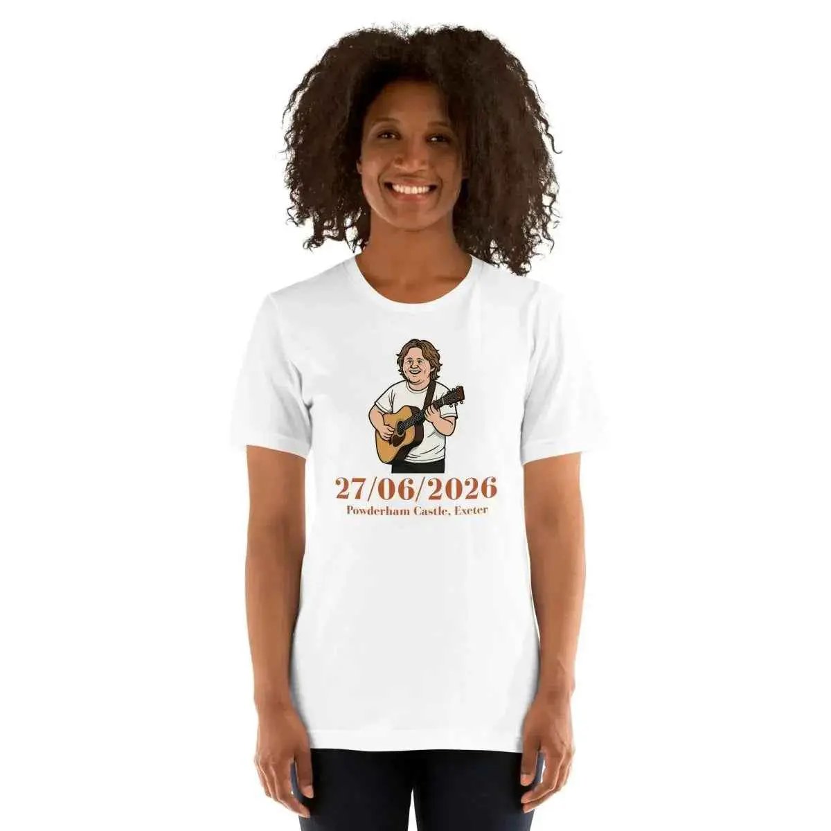 White unisex cotton T-shirt front view with date graphic and guitar performer art