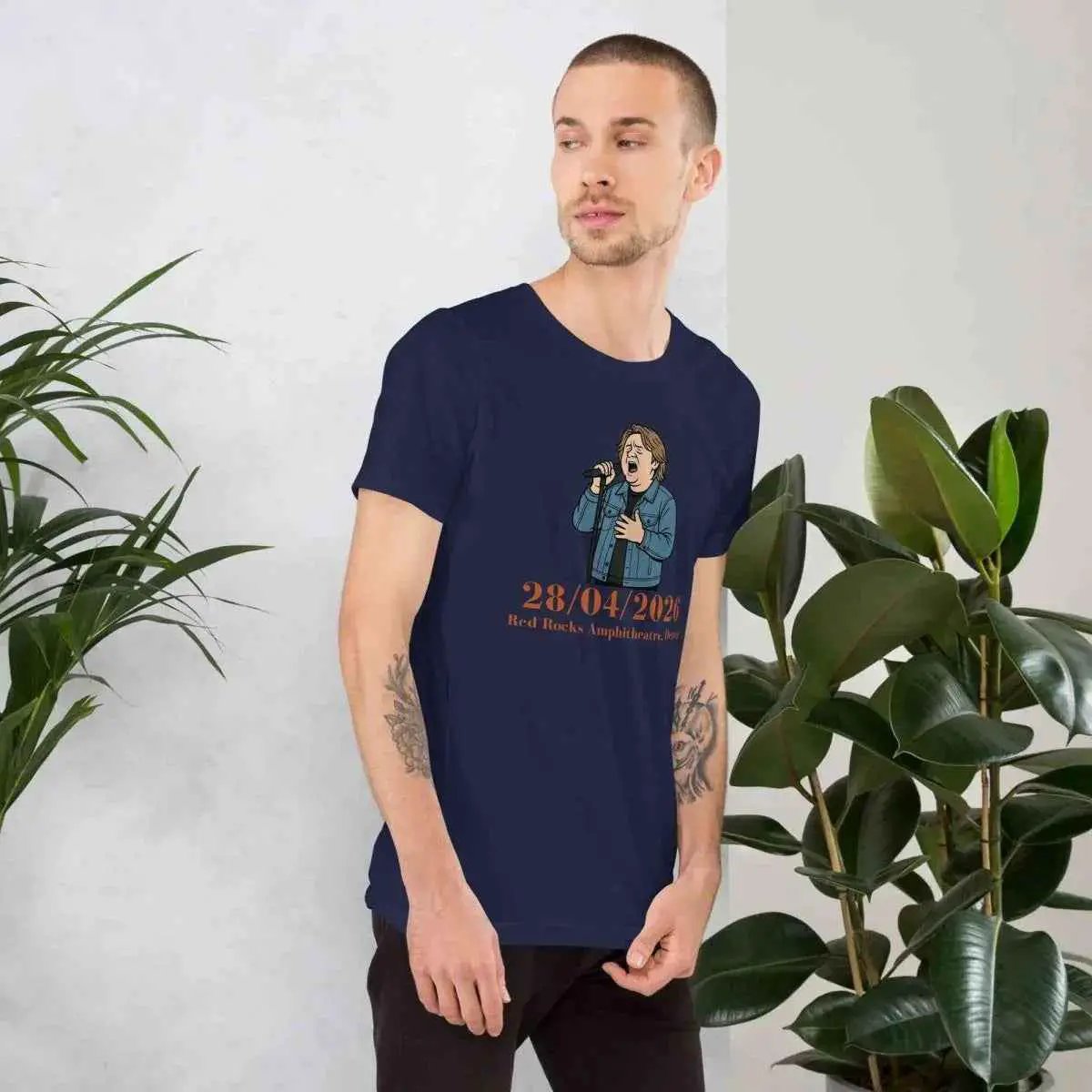 Unisex crew-neck short-sleeve t-shirt, navy, front graphic print with performer and date