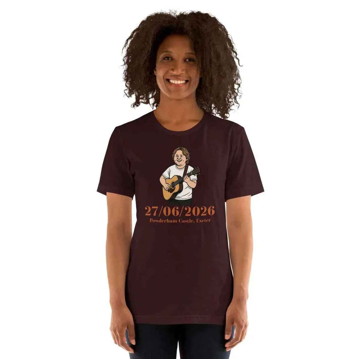 Unisex cotton T-shirt in dark maroon with front musician graphic and date