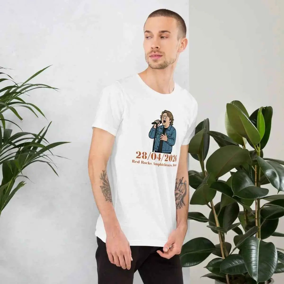 White unisex T-shirt with centered front print and orange date 28/04/2026