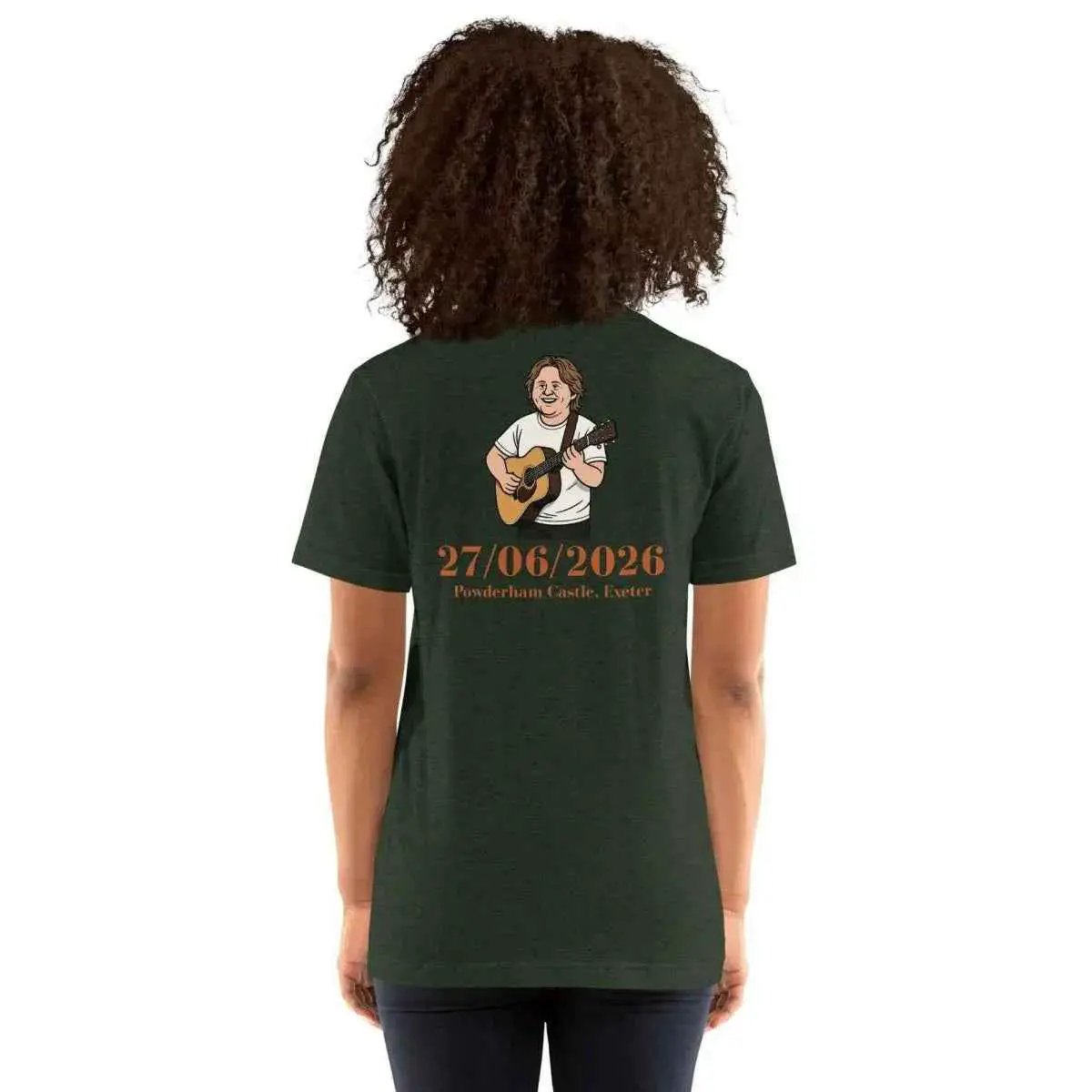 Unisex dark green cotton T-shirt with back musician graphic and 27/06/2026 date