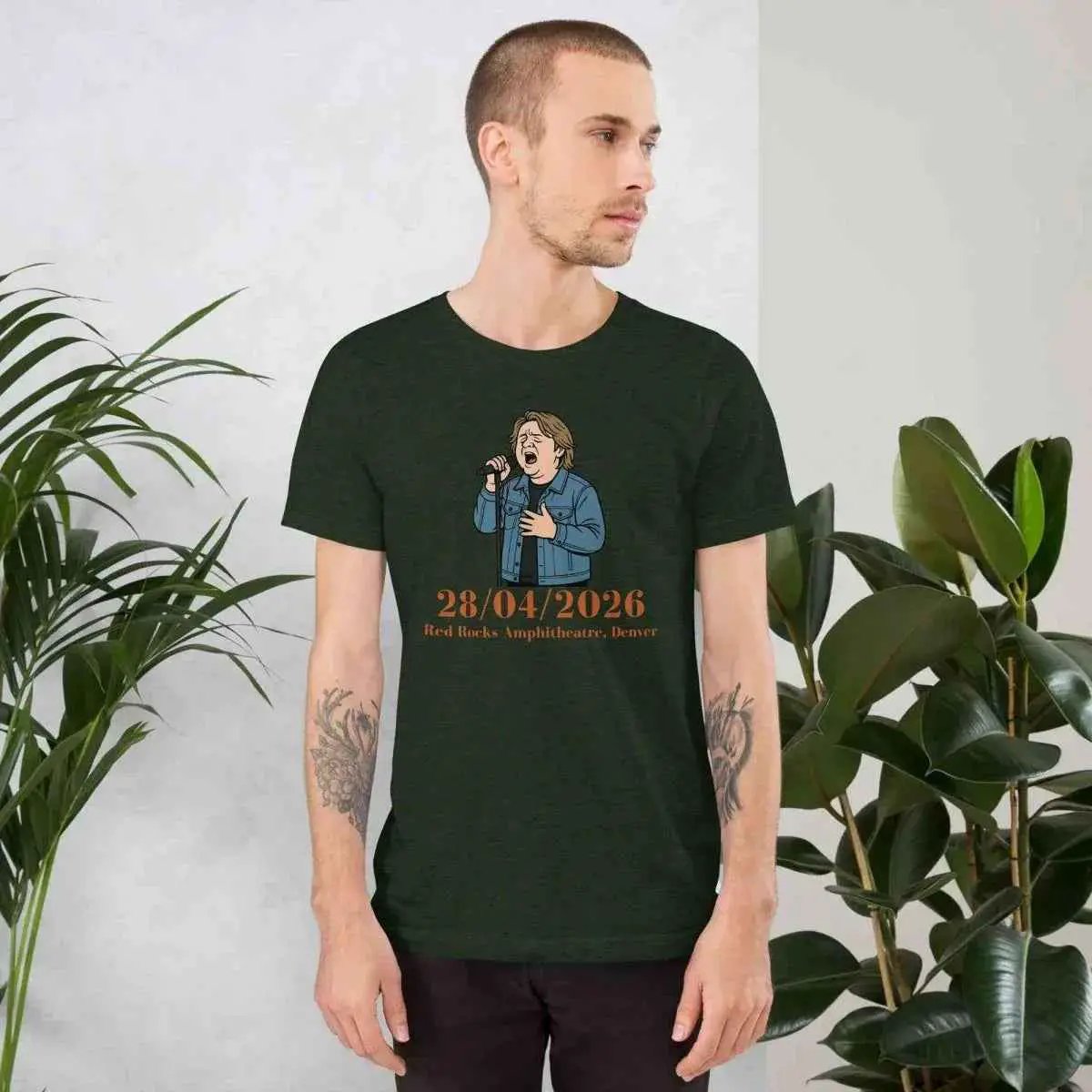 Unisex crew-neck short-sleeve t-shirt, dark green, front graphic print with date text