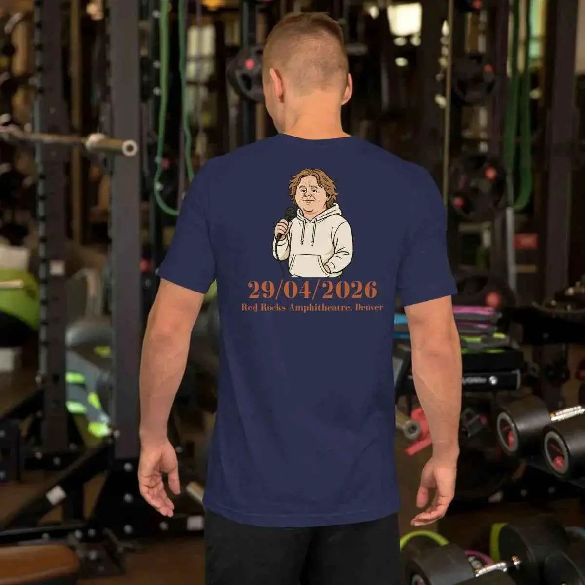 Unisex tour T-shirt in navy blue with back singer illustration and 29/04/2026 date