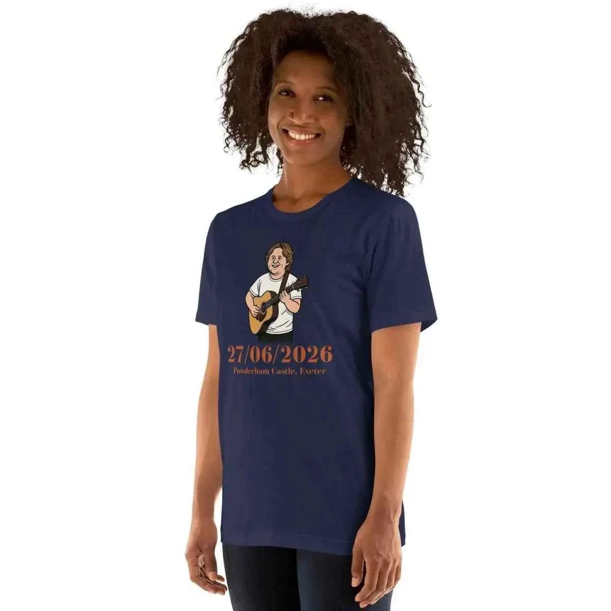 Unisex navy cotton T-shirt with front musician graphic and 27/06/2026 date