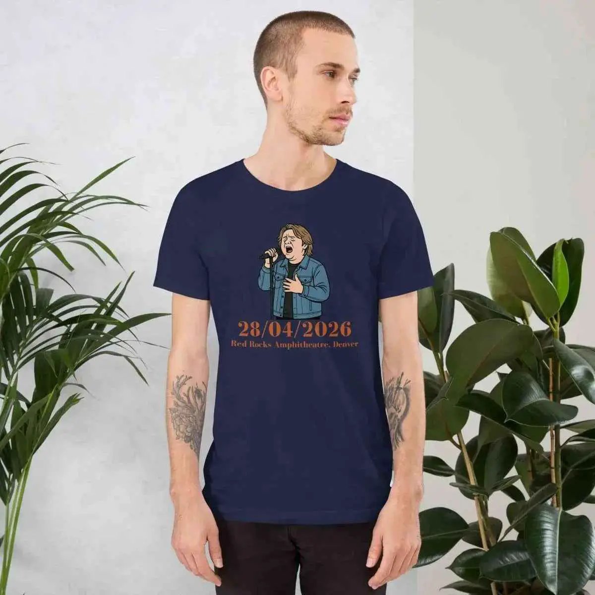 Unisex crew-neck short-sleeve t-shirt, navy, front graphic print with date and caption
