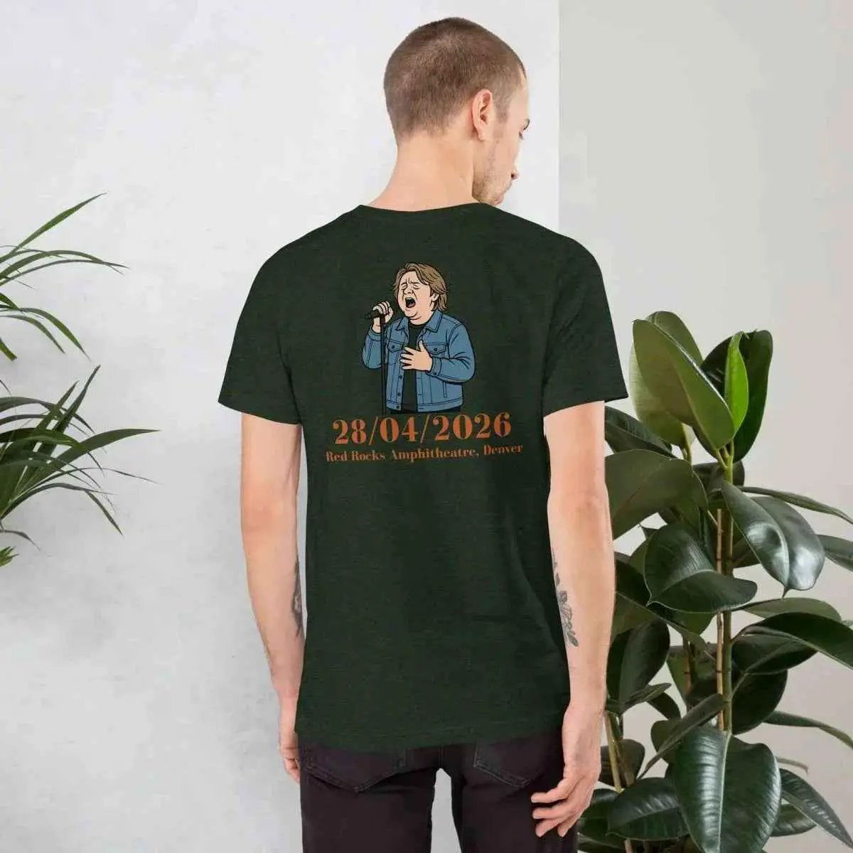 Unisex crew-neck short-sleeve t-shirt, dark green, back graphic print with date text