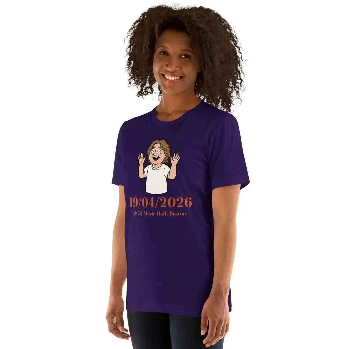 Purple unisex cotton T-shirt with front cartoon graphic and date print, crew neck.