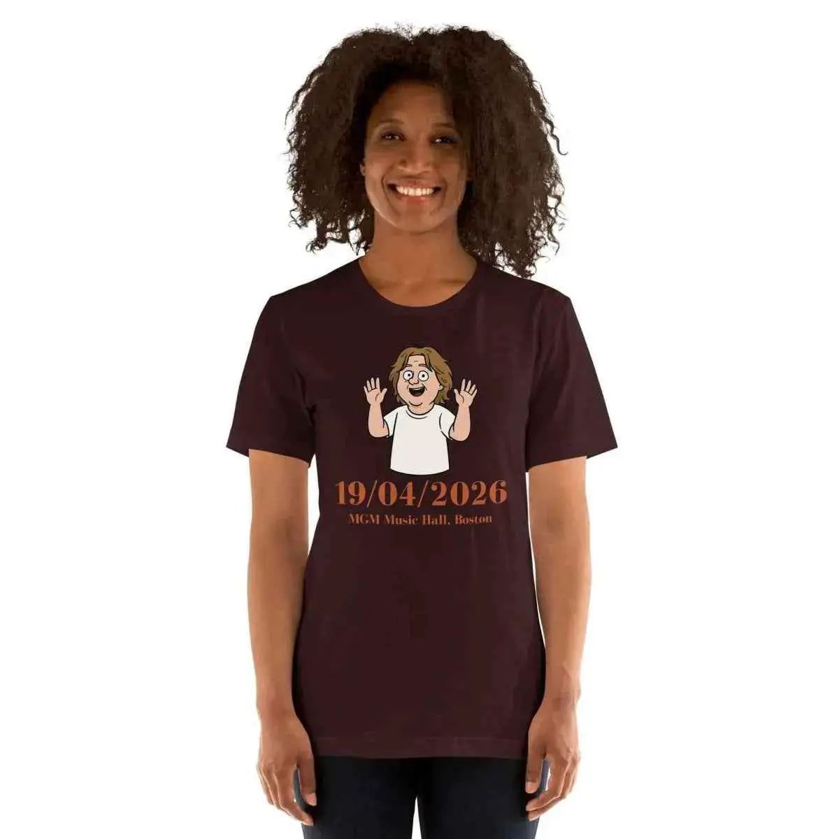 Burgundy unisex cotton T-shirt with front cartoon graphic and date print, crew neck.