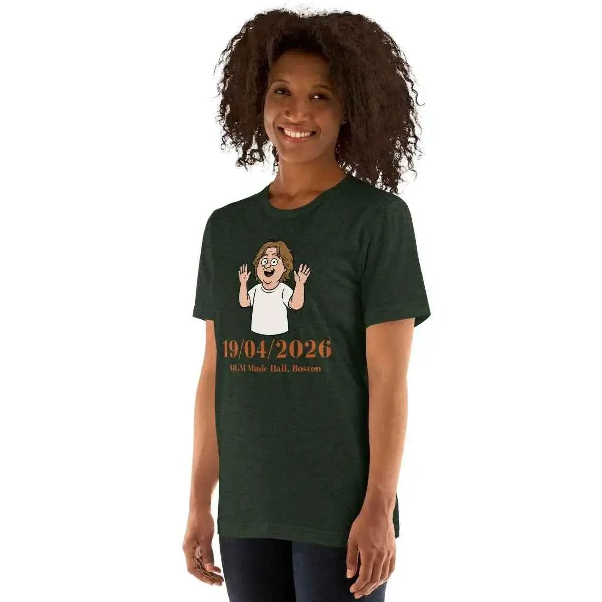 Unisex cotton graphic T-shirt in dark green with front character and date text print