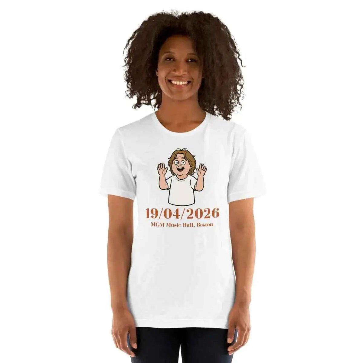 White unisex cotton T-shirt, centered cartoon and date 19/04/2026 print