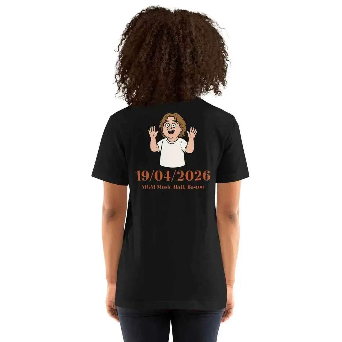 Unisex cotton T-shirt, black, back view featuring mascot and 19/04/2026 date