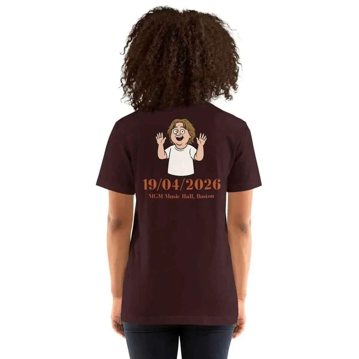 Burgundy unisex cotton T-shirt with back cartoon graphic and date print, crew neck.