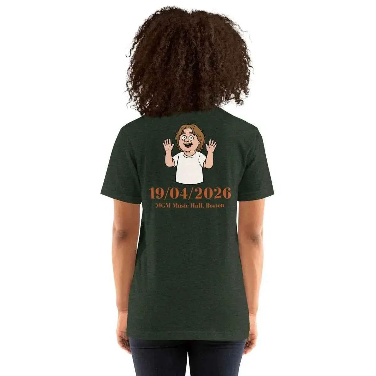 Unisex cotton graphic T-shirt in dark green with back character and date text print