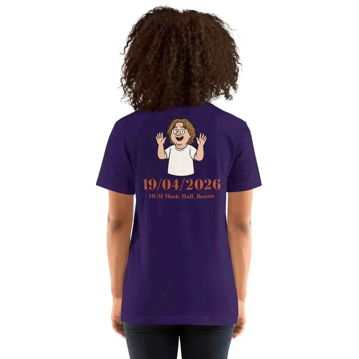 Purple unisex cotton T-shirt with back cartoon graphic and date print, crew neck.