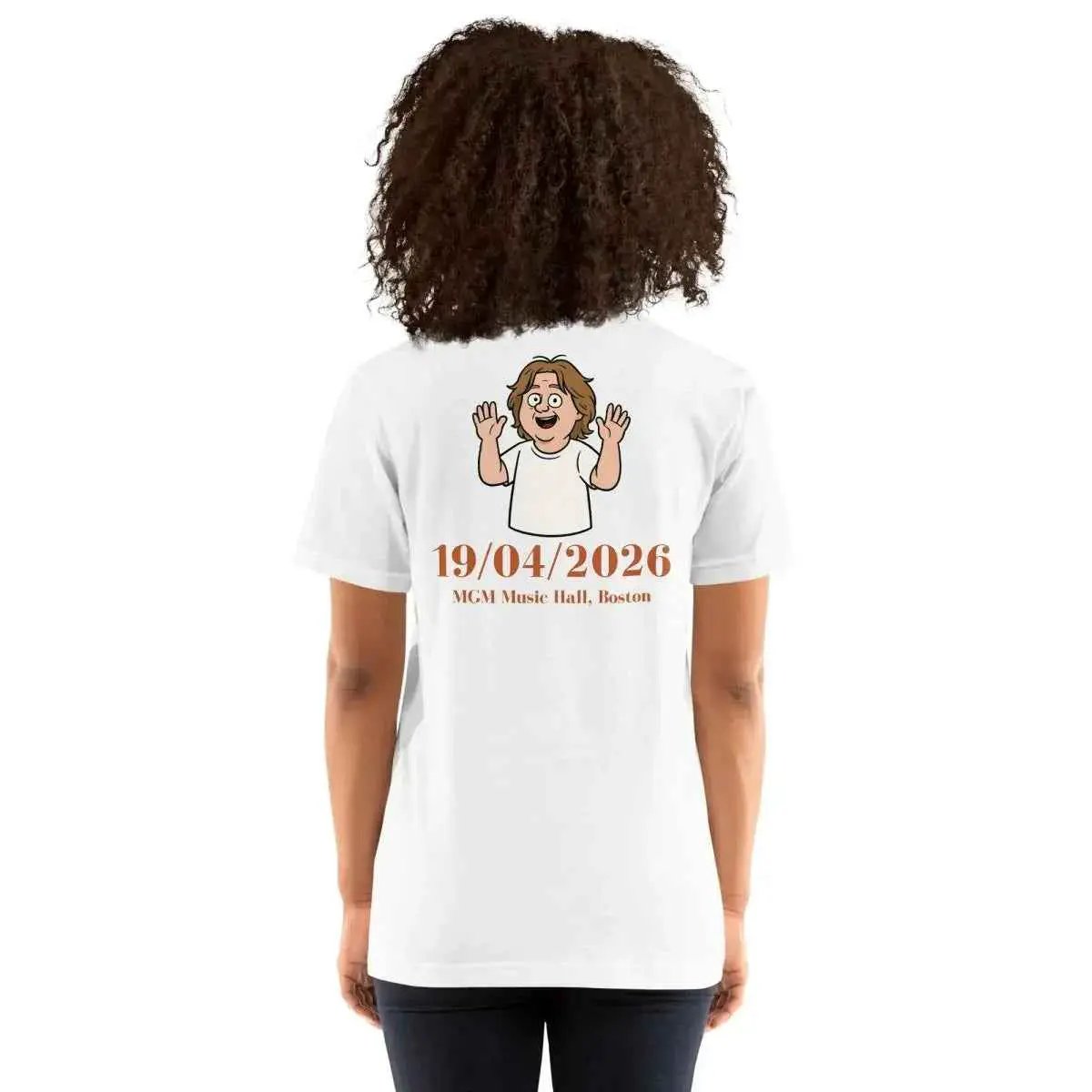 White unisex cotton T-shirt, back print with cartoon and date 19/04/2026