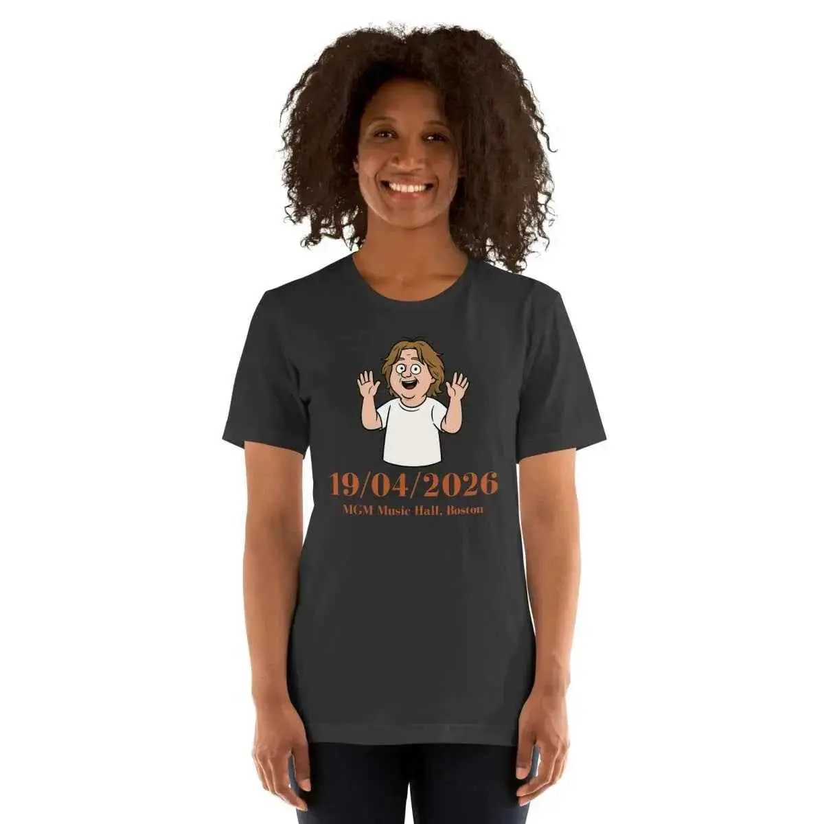 Unisex cotton T-shirt in dark gray with front cartoon graphic and date print '19/04/2026'