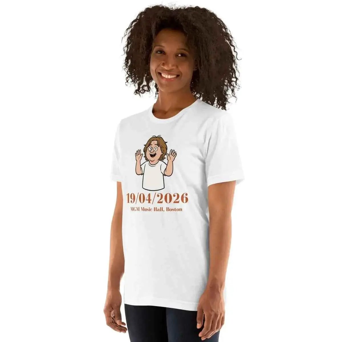 White unisex cotton T-shirt, front print with cartoon and date 19/04/2026