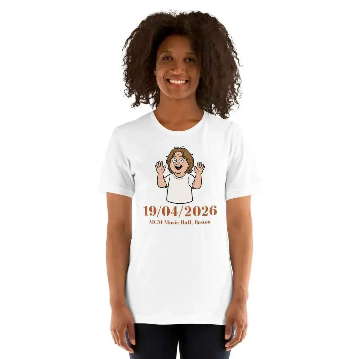 White unisex cotton T-shirt, front cartoon graphic and 19/04/2026 date