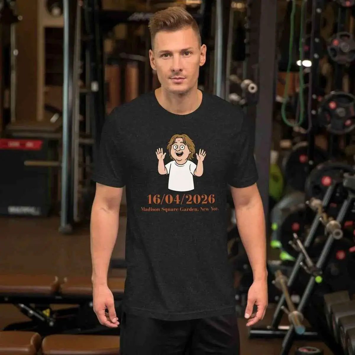 Unisex concert T-shirt in black with cartoon face graphic and event date on front
