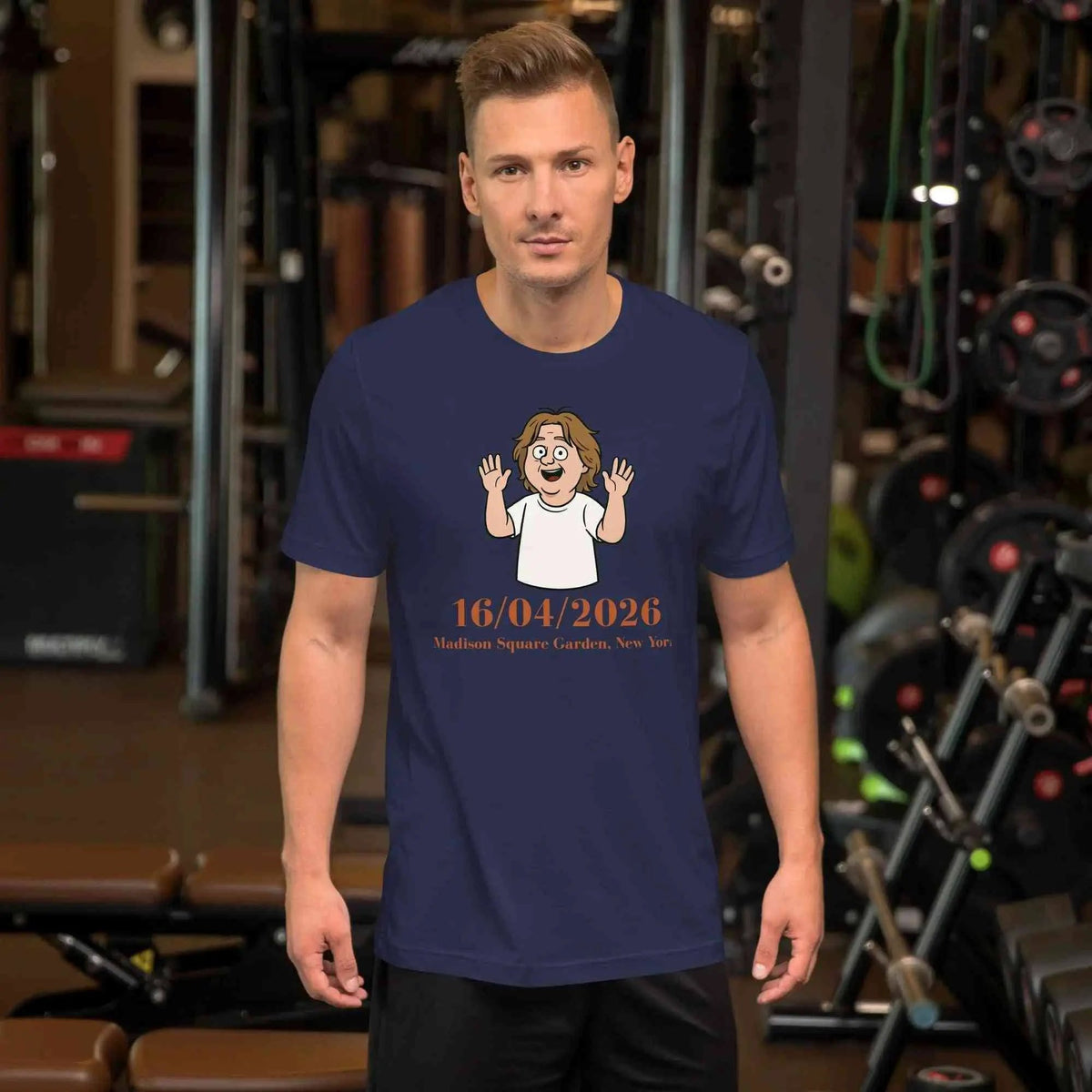 Unisex crew-neck T-shirt, dark blue, front cartoon graphic with date text.
