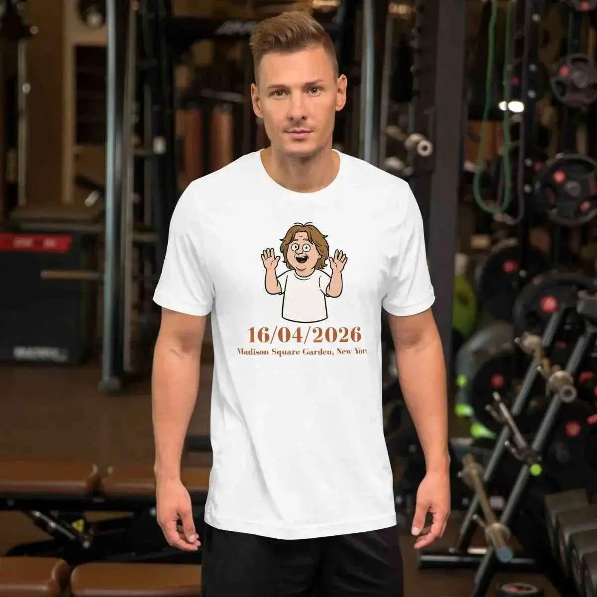 White unisex T-shirt with cartoon boy holding hands and 16/04/2026 front graphic