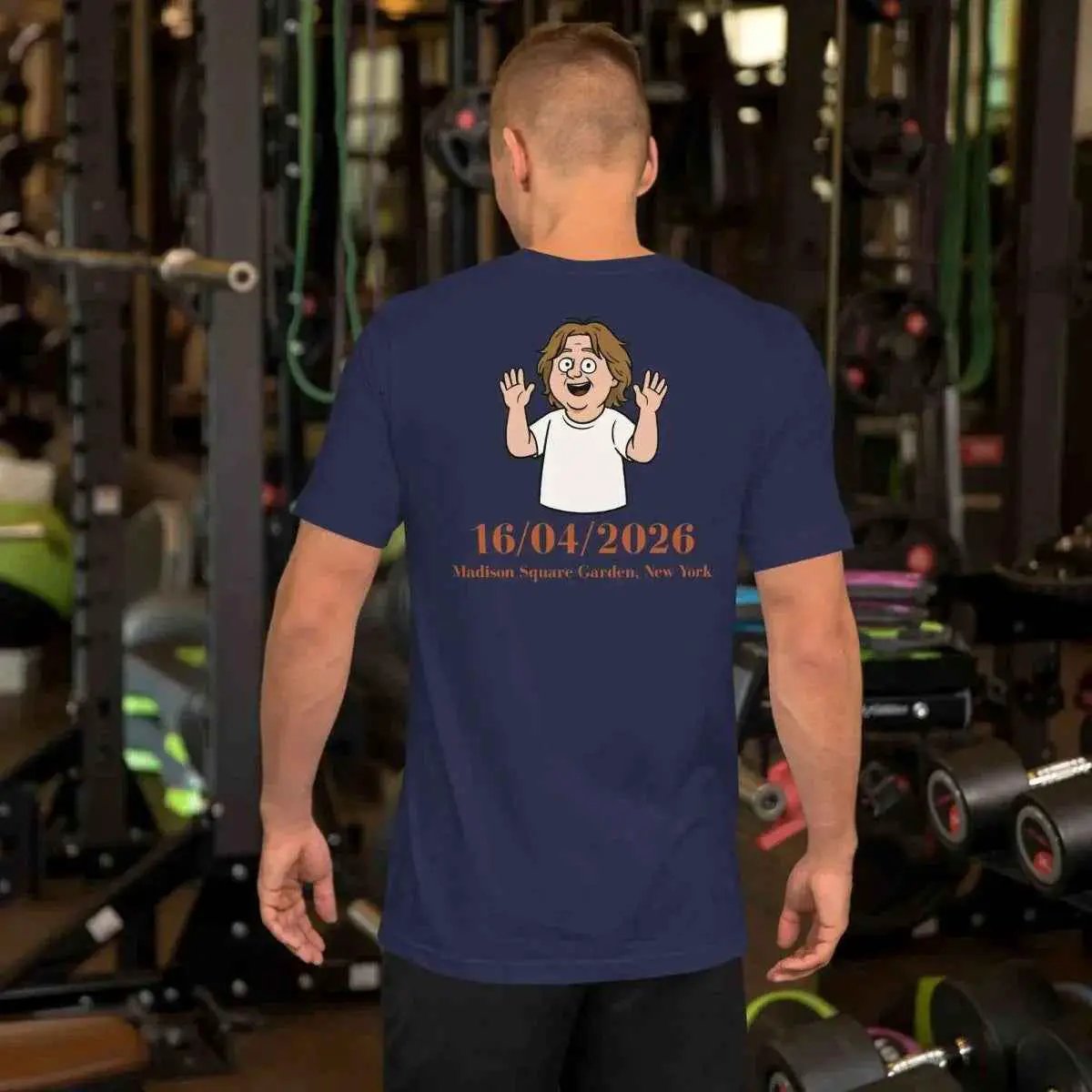 Unisex crew-neck T-shirt, dark blue, back cartoon graphic with date text.