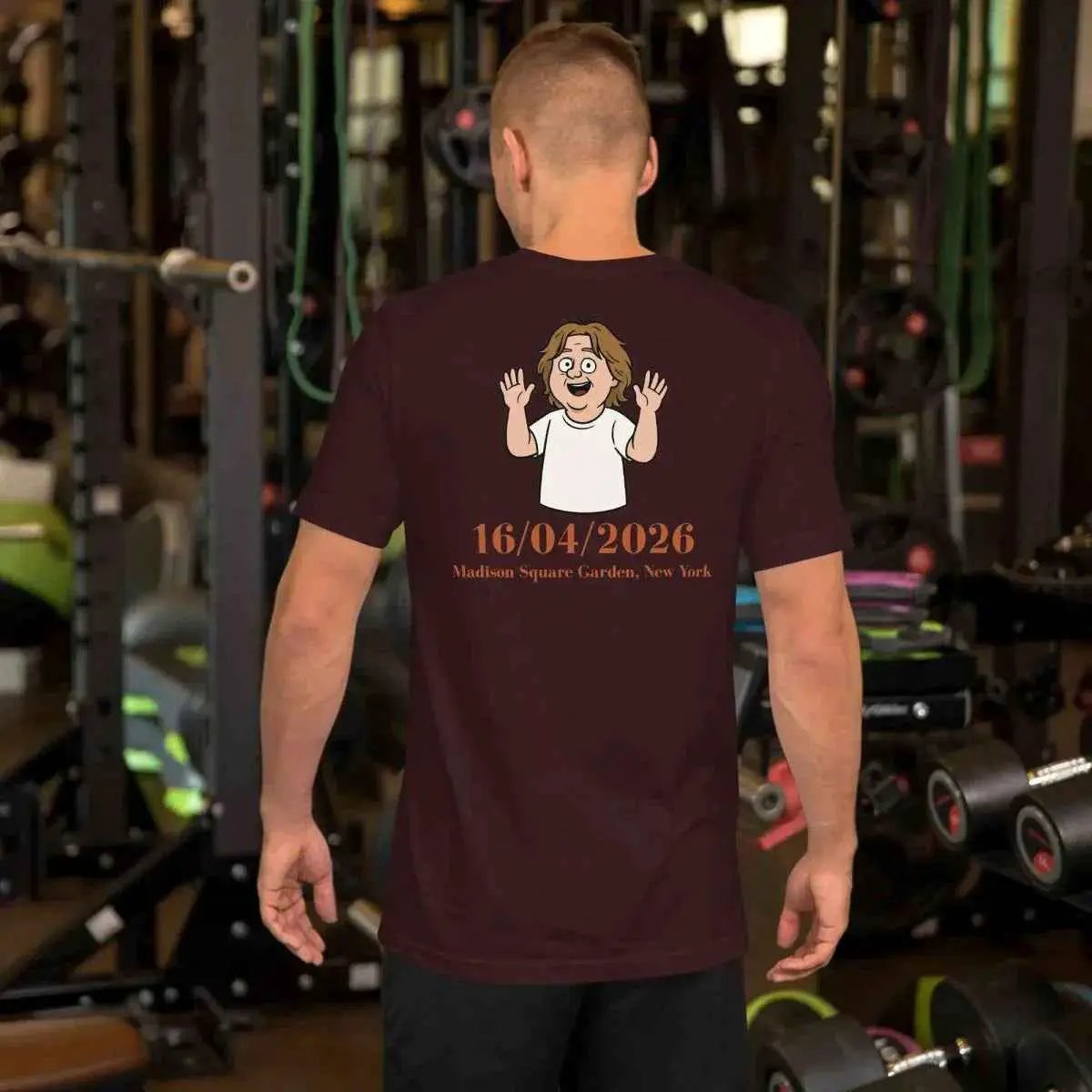 Unisex concert T-shirt in burgundy with cartoon graphic and event date on back